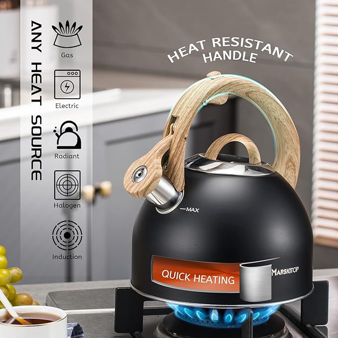 MARSKITOP Whistling Tea Kettle for Stove Top 2.6 Quart, Food Grade Stainless Steel Tea Pot for Stove Top with Anti-Hot Handle, Black