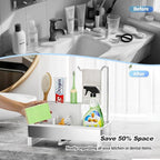 Ewaiira Stainless Steel Sink Caddy, Sponge Holder for Kitchen Sink with Brush Holder & Dishcloth Rack, Rustproof Sink Organizer Countertop, Kitchen Organizers Storage Essentials (E-White 9.8″)
