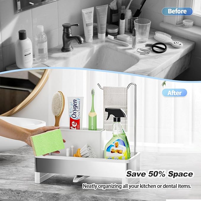 Ewaiira Stainless Steel Sink Caddy, Sponge Holder for Kitchen Sink with Brush Holder & Dishcloth Rack, Rustproof Sink Organizer Countertop, Kitchen Organizers Storage Essentials (D-Black 9.8″)