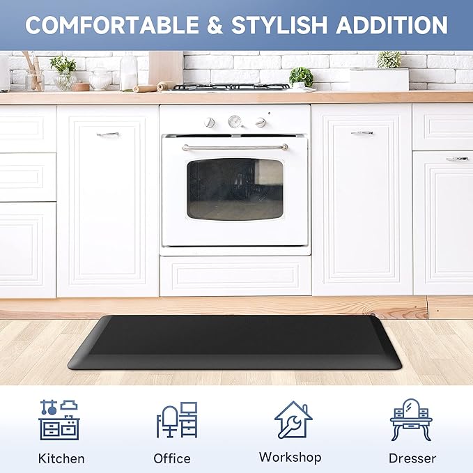 StepRite 4/5 Inch Thick Kitchen Mat Anti Fatigue Mat Kitchen Rugs Kitchen Decor Non-Slip, Stain Resistant, Water Resistant Kitchen Mats Desk Mat for Kitchen, Office, Workshop, Black, 17'' x 39''