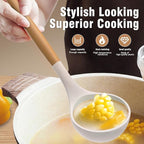 Silicone Cooking Utensils Set - AVGPD Silicone Kitchen Utensils for Cooking Wooden Handles, 446°F Heat Resistant Kitchen Utensil Spatula Sets w Holder, Gadgets for Non-Stick Cookware BPA FREE (Khaki)