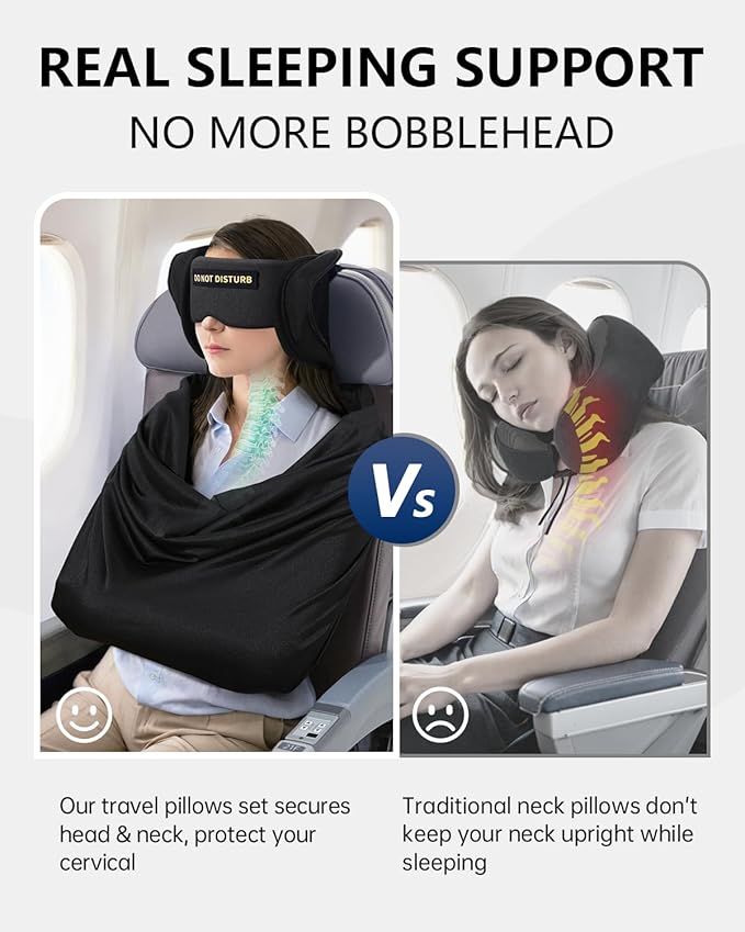 Travel Pillow and Blanket Set, Compact Airplane Pillow Bag with Eye Mask for Long Flights Sleeping, 360° Support Head Strap Travel Essentials for Plane Sleep Neck Upright, Stop Head Bodding (Black)