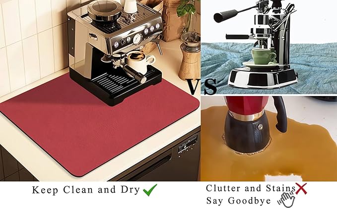 Coffee Mat for Countertops ,Coffee Bar Accessories Fit Under Coffee Maker Espresso Machine, Absorbent Hide Stain Rubber Mat for Countertop ,Dish Drying Mat for Kitchen Counter (Red, 17"x31.5")