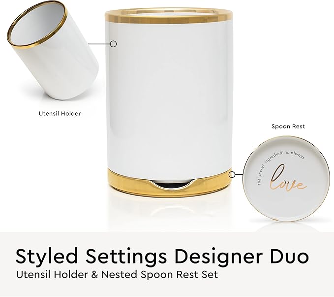 White Utensil Holder with Built-In Ceramic Spoon Rest - 2-Piece Luxe White and Gold Spatula Holder with Gold Spoon Rest for Countertop Organization - Stylish Kitchen Accessory, Utensils Not Included