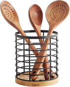 WDT Tool Utensil holder for Kitchen Counter - 5.2" x 5.2" x 6" Large Round with Wooden Base Matte Black Cooking Utensil Holder Utensil Organizer (Metal+Bamboo)