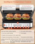 Panini Press Grill Sandwich Maker with Removable Plates, 1600W, 5 in 1 Smokeless Indoor Grill & Griddle with Meat Thermometer, Electric Contact Grills for Kitchen, Stainless Steel
