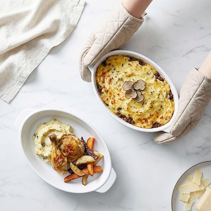 10 x 7 Inch Oval Au Gratin Baking Dishes, Set of 2, Porcelain Baking pan Oven Safe, Roasting Lasagna Pans, for Casserole Dish, Pie Plate, Baking, scalloped potatoes, shepherds pie