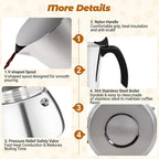 No Coating 6 Cup Thickened 304 Stainless Steel Moka Pot Stovetop Espresso Maker Italian Coffee Machine 300ml 10oz Suitable for Gas Induction Stovetop Greca Coffee Maker Percolator
