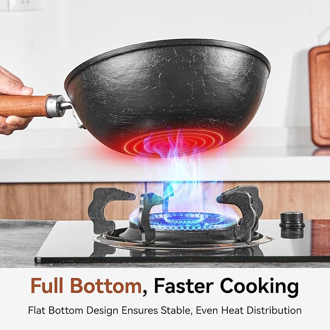 10.2 Inch Iron Wok, Cast Iron Wok Pan with Glass Lid, Uncoated Flat Bottom Wok for Stir-Fry & Saute, Woks & Stir-Fry Pans for Electric, Gas & Induction Cooktops