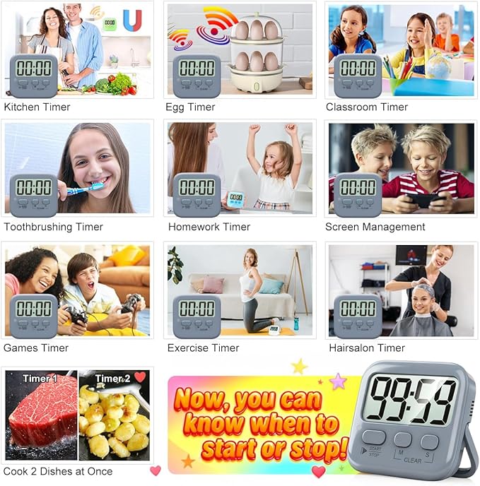 Antonki 2 Pack Digital Timer for Kids, Magnetic Countdown Kitchen Timers for Cooking, Egg, Classroom, Teacher, Exercise, Study, Oven - Battery Included