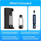 Drinkmate OmniFizz Sparkling Water Maker & Soda Streaming Machine | Carbonates Any Drink | SPECIAL BUNDLE | Includes 60L CO2 Cartridge + Two BPA-Free Bottles (Matte Black)