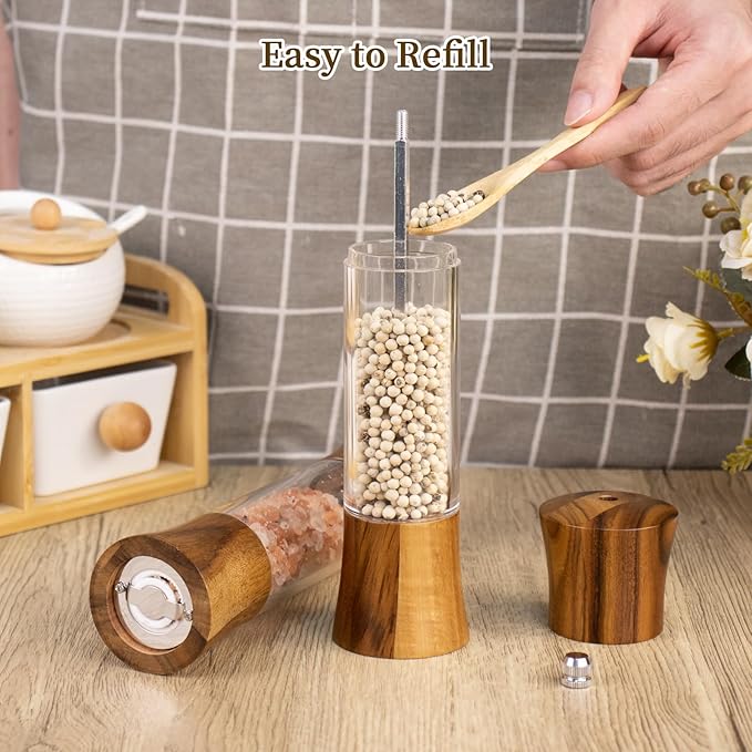 Acacia Wood Premium Acrylic Salt and Pepper Grinder Set 8 Inches Salt and Pepper Mill Set, Manual Mills- Wooden Shakers with Adjustable Ceramic Core 2 Pack for Kitchen Home Gift
