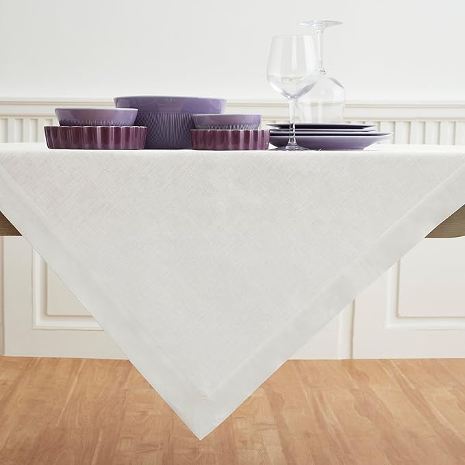 Solino Home Linen White Square Tablecloth 52 x 52 Inch - 100% Pure Linen Table Throw - Fete, Machine Washable Table Cloth for Winter, Christmas, Holiday, New Year