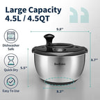 Stainless Steel Salad Spinner, 4.8 Qt Vegetable Washer, BPA-Free Lettuce Dryer with Crank Design, Dishwasher Safe, Non-Slip Base - Black Lid