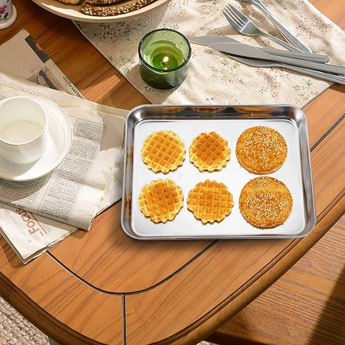 Baking Sheet with Rack Set [2 Pans + 2 Racks], Wildone Stainless Steel Cookie Sheet Baking Pan Tray with Cooling Rack, Size 9 x 7 x 1 Inch, Non Toxic & Heavy Duty & Easy Clean