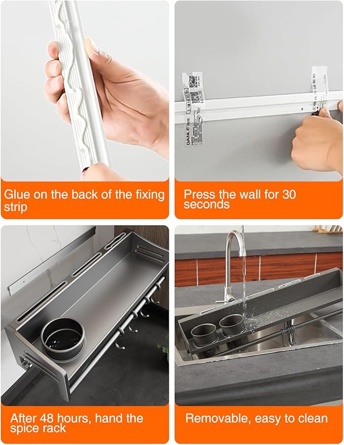 utensil hanger, wall mounted kitchen rail with hooks, waterproof hooks for kitchen utensils, easy installation without drilling (15.8 inches, Cup, 1)