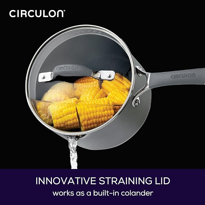 Circulon Radiance Hard-Anodized Nonstick Saucepan, Durable Nonstick Cookware, Sauce Pan with Straining Lid, 3-Quart, Gray