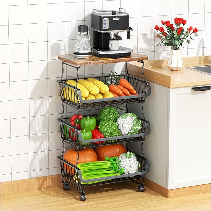 Fruit Vegetable Basket for Kitchen, 4 Tier Stackable Fruit Vegetable Storage Baskets with Wheels, Metal Wire Storage Basket Organizer Baskets for Kitchen, Pantry, Bathroom