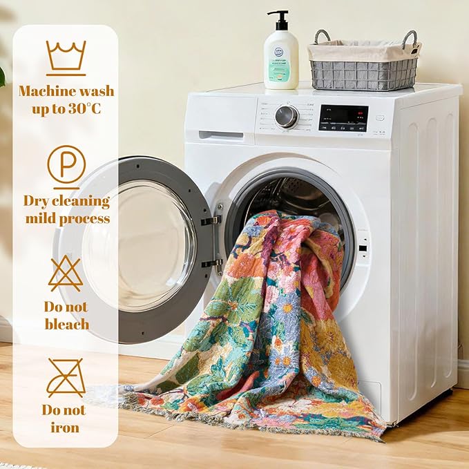 MSGKV Boho Throw Blanket for Bed 60"x80" Cotton Floral Twin Size Couch Blankets All Seasons Lightweight Muslin Breathable Farmhouse Blankets