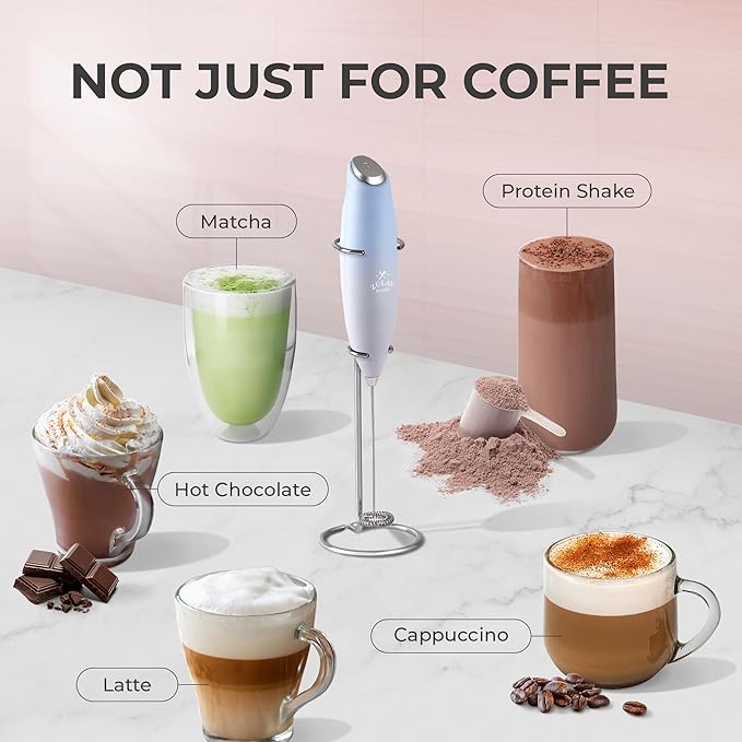 Zulay Kitchen Powerful Milk Frother Wand With 4 AA Duracell Batteries - Ultra Fast Handheld Drink Mixer - Electric Whisk Foam Maker for Coffee, Lattes, Cappuccino, Matcha & Creamer - Cloud