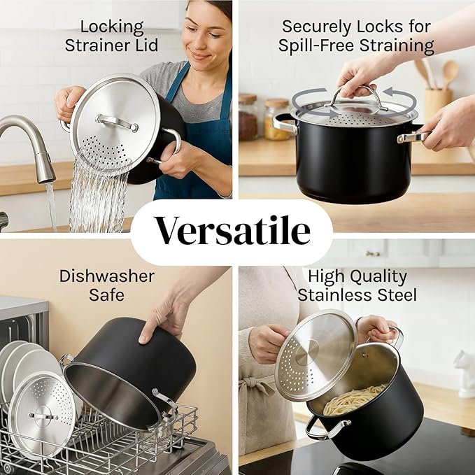 Cooler Concepts Pasta Pot with Strainer Lid - 5.5 Quart Large Spaghetti Pot - Twist & Lock for Easy Drain & No Colander Or Strainer Basket Insert Needed - Dishwasher Safe Pots