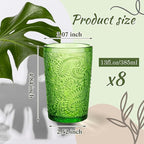 Reallnaive Green Drinking Glasses Set of 8, Boho Aesthetic Vintage Glassware Fern Paisley Carving Textured Tumbler Water Cups Embossed Pattern Drinkware Cocktail Set for Xmas Gifts(13 oz,Highball)