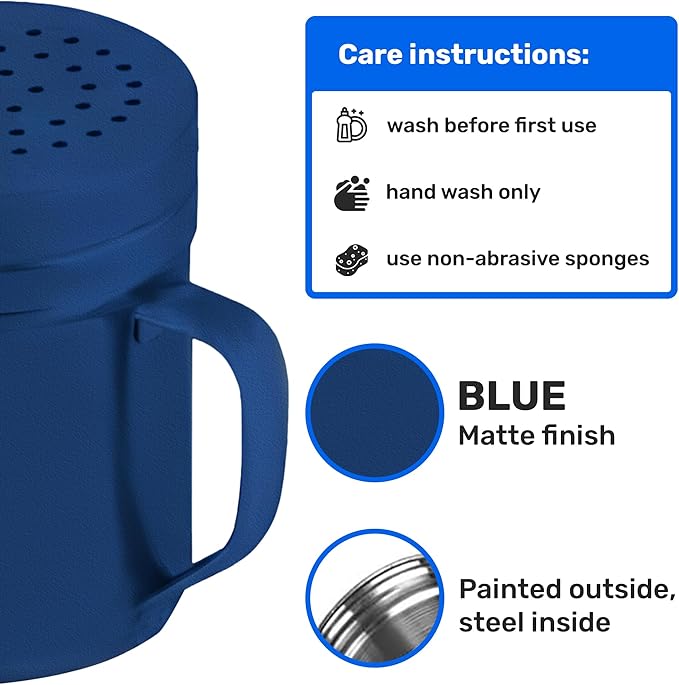 CUSINIUM 10oz Navy Blue Stainless Steel Salt Pepper Dredge Shakers - With Plastic Cap - With Handle - Pack of 2