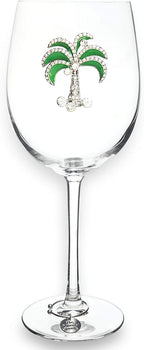 THE QUEENS' JEWELS Green Diamond Palm Tree Wine Glass (stemmed) - 21 oz. - Tropical Getaway with Rhinestone Glam - Hand-Decorated Glassware – Not Painted - Dazzling and Unique