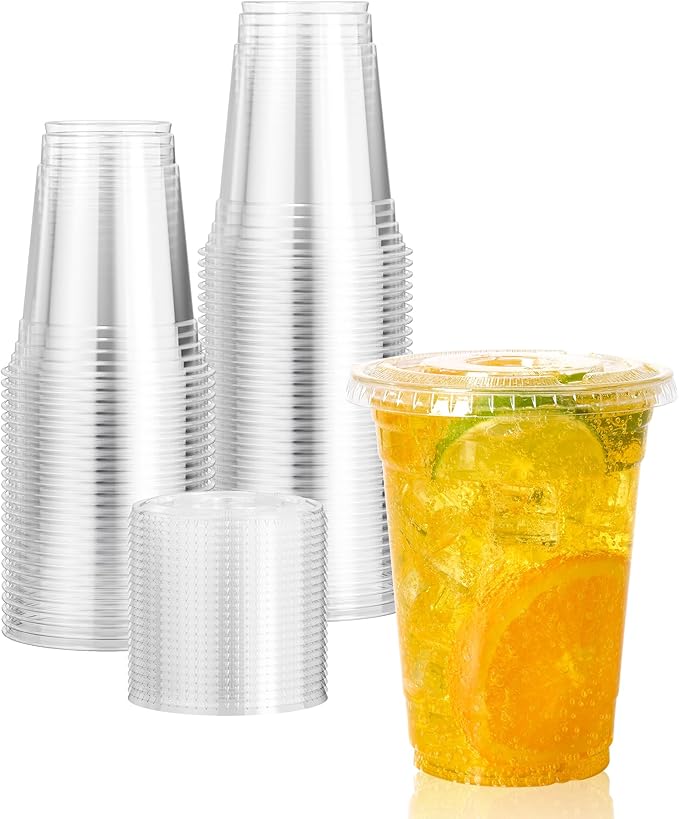 Vplus 160 Pack 16 OZ PET Clear Plastic Cups with Lids, 16 OZ Crystal Cold Disposable Drinking Plastic Cups with Flat Lids, Perfect for Ice Coffee, Smoothie, Juice