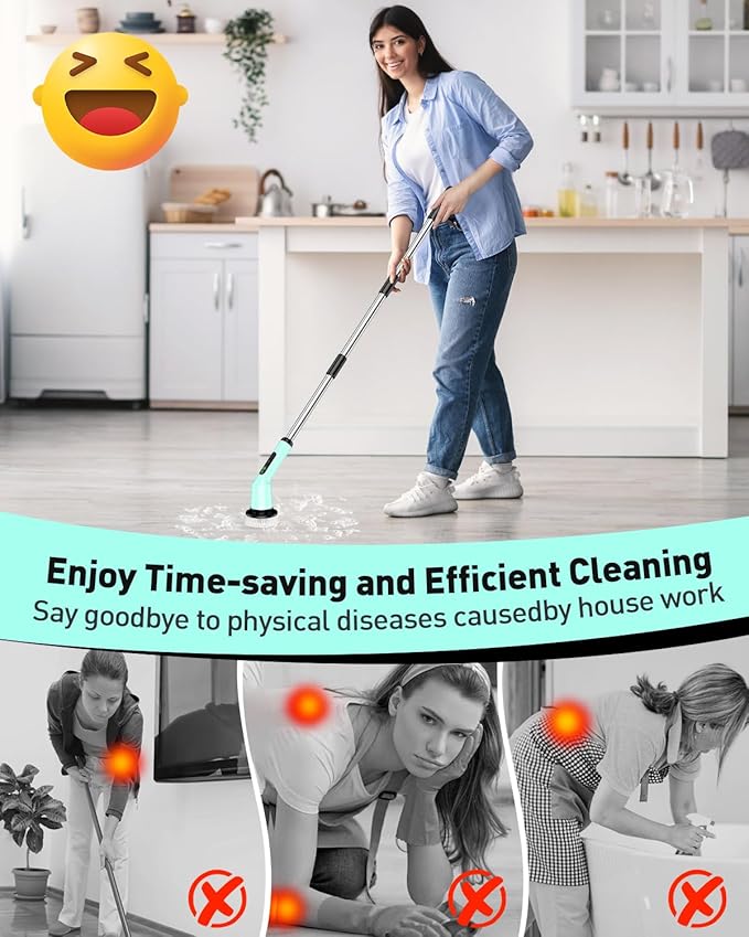 Electric Spin Scrubber for Cleaning Bathroom, Shower Scrubber Cordless Cleaning Brush with IPX7 Waterproof & 2 Speed, 3 Brush Heads, Bathroom Cleaning Supplies for Toilet Shower Tub Mint Green