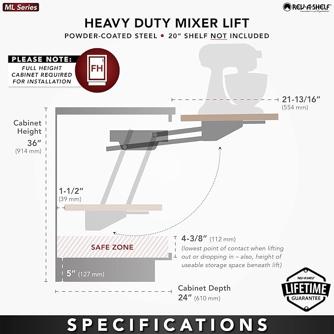 Rev-A-Shelf Kitchen Cabinet Spring Loaded Mixer and Appliance Lift Assist Mechanism for Small Kitchen Appliances w/Soft Close, Zinc, RAS-ML-HDSC