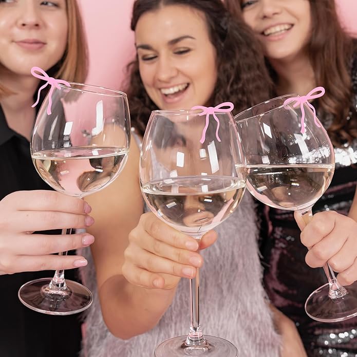 20 Pcs Pink Bow Drink Markers, Coquette Bow Wine Glass Charms, Bar Tools Bow, Acrylic Bow Knot Drink Tag for Wedding Engagement Bachelorette Birthday Tasting Party Decorations Accessory