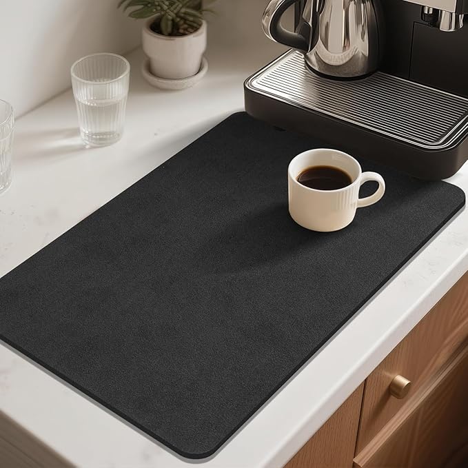 Findosom Dish Drying Mat, 16"x 24" Super Absorbent & Hide Stain Coffee Mat, Cuttable Drying Mat for Kitchen Counter, Coffee Bar Accessories, Under Dish Rack, Coffee Maker, Espresso Machine, Black-2