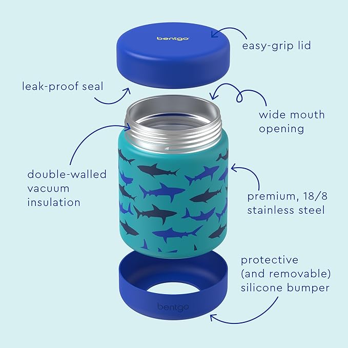 Bentgo Kids Stainless Steel Food Jar - 11oz Leak-Proof Double Insulated Hot or Cold Food Container with Removable Silicone Bumper, Dishwasher Safe, Easy Open Lid, Ages 3+ (Shark)