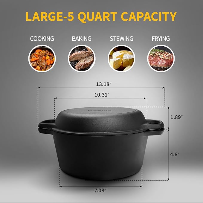 EDGING CASTING 2-in-1 Pre-Seasoned Cast Iron Dutch Oven Pot with Skillet Lid Cooking Pan, Cast Iron Skillet Cookware Pan Set with Dual Handles, Indoor Outdoor for Bread/Frying/Baking/Camping/BBQ, 5 Qt