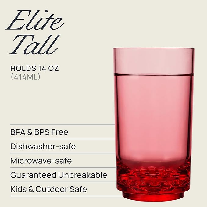 Drinique Unbreakable 14 Oz Drinking Glasses, Set of 4 - Tritan Plastic Shatterproof Tumbler Water Glasses, Drinking Cups, BPA-Free, Dishwasher Safe Alternative Glass Cups Set, 14 Ounces, Red