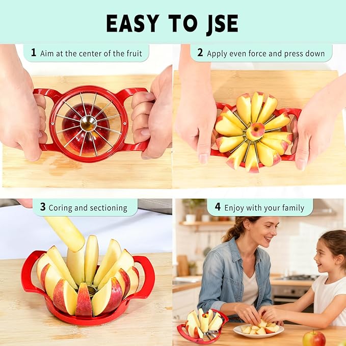 LIIGEMI Apple Slicer,12-Blade Extra Large Apple Corer, Heavy Duty Stainless Steel Apple Cutter and Divider，Easy to Use, Time-Saving（Red）