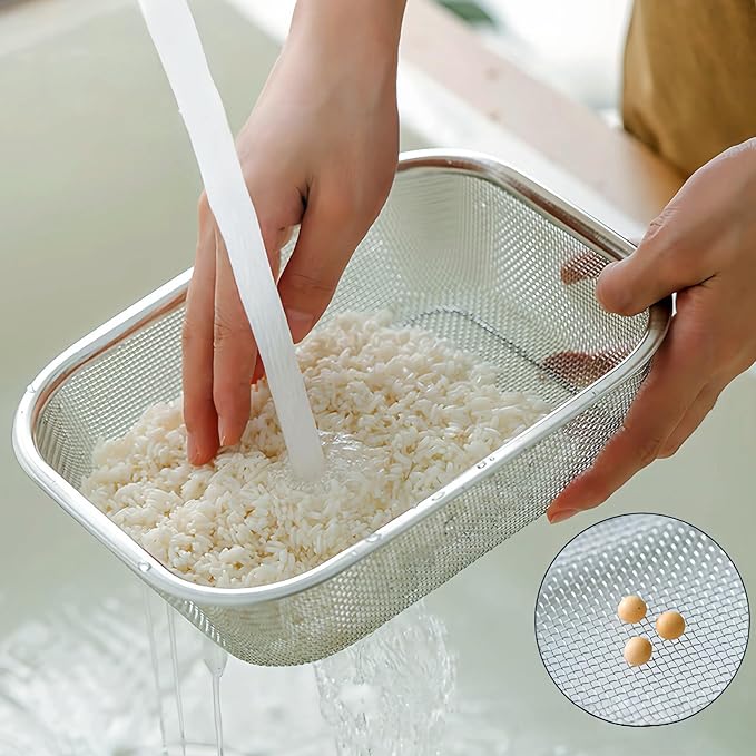18/8 Stainless Steel Fine Mesh Strainer Basket with Feet, Rectangular Colander for Vegetables, Fruits, Pasta, Noodles – Rustproof, Durable & Easy to Clean (12.2 inch)
