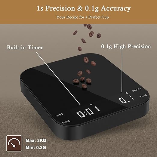 Digital Coffee Scale with Built-in Timer, 0.1g Precision to 3000g Rechargeable Espresso Scale, Touch Glass Kitchen Food Scale for Pour Over, Baking and Macros