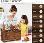Yirilan Wooden Kitchen Utensil Holder for Counter, Acacia Wood Utensil Holder for Storage Cooking and Silverware with 4 Compartment, Rustic Wooden Organizer Container