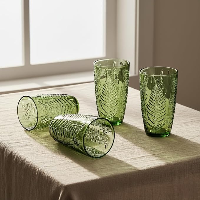 16 oz Green Fern-Embossed Tumblers – Set of 8 Drinking Glasses, Artisanal-Style Vintage Textured Glassware for Water, Sparkling Drinks, Lemonade & Mocktails – Retro Boho Kitchen & Home Table Decor