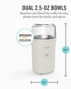 Martha Stewart Electric Coffee & Spice Grinder, Dual 2.5oz Removable Bowls, Storage Lids, Stainless Steel Blades, One Touch Pulse Control, 2-in-1 Compact, Beans & Spices, Herbs & Nuts, Linen White