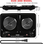 Double Burner Electric Hot Plate, 1800W Cast Iron Heating with Adjustable Temperature Control, Stainless Steel Body for Home, Dorm & Commercial Use