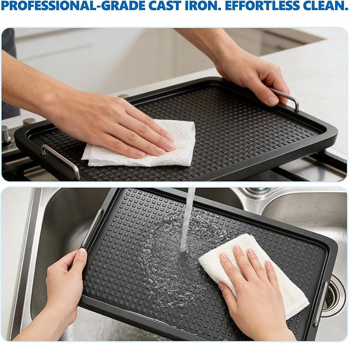 SafBbcue Upgraded Cast Iron Griddle, 15 x 8.7 Inch Griddle Pan with Silicone Cooling Handle, Griddle for Gas Stove, Electric, Flat Top, Portable for Indoor Stovetop or Outdoor Camping BBQ, Black