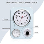 Lily's Home - 9.5 Inch x 12.5 Inch - Retro Kitchen Wall Clock, Vintage Wall Clock with a Thermometer and 60-Minute Timer, Ideal for Any Kitchen, Office, or Diner (Light Blue)