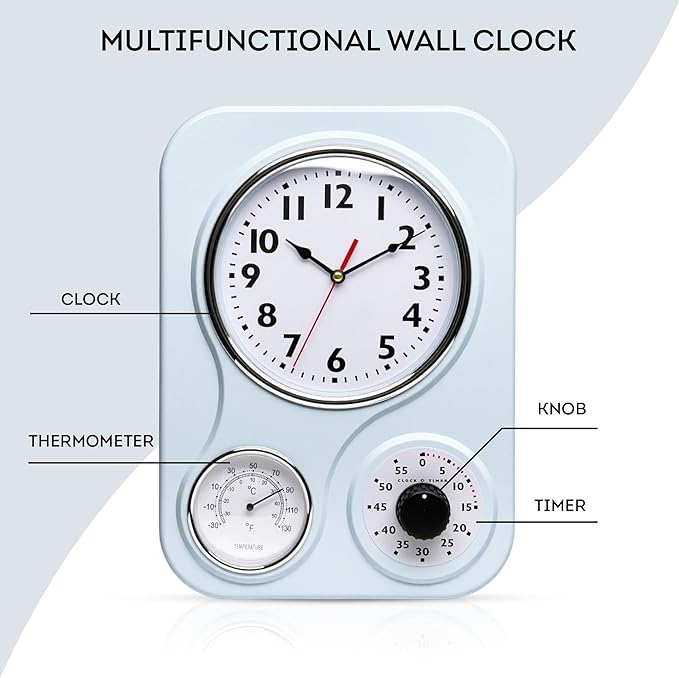 Lily's Home - 9.5 Inch x 12.5 Inch - Retro Kitchen Wall Clock, Vintage Wall Clock with a Thermometer and 60-Minute Timer, Ideal for Any Kitchen, Office, or Diner (Light Blue)