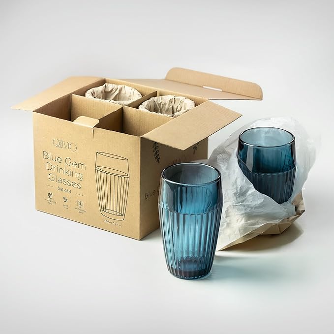 Blue Drinking Glasses Set of 4, 14 oz Ribbed Textured Glass Tumblers, Tall Retro Colored Drinkware for Water & Cocktails, Decorative Highball Glasses for Home & Bar, Modern Vintage Glassware Gift Set