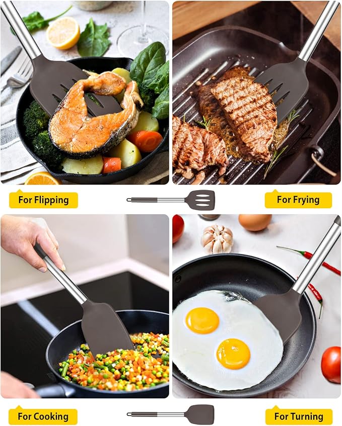 Pack of 2 Silicone Solid Turner, Non Stick Slotted Kitchen Spatulas, High Heat Resistant BPA Free Cooking Utensils, Ideal Cookware for Fish, Eggs, Pancakes(Chocolate)