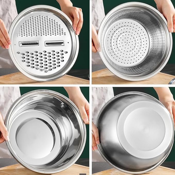 Germany Multifunctional Stainless Steel Basin, 3 in 1 Vegetable Grater Julienne Slicer Stainless Steel Colander, Fruit Slicer for Kitchen Vegetable Slicer Grater Strainer Drain Basket (10.2in, Silver)