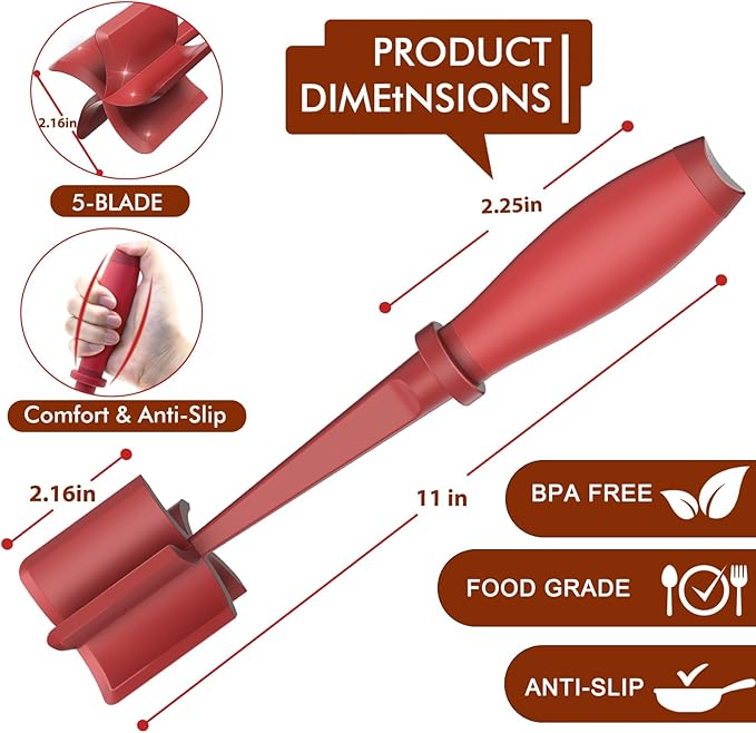Upgrade Meat Chopper, Heat Resistant Meat Masher for Hamburger Meat, Ground Beef Smasher, Nylon Hamburger Chopper Utensil, Ground Non Stick Mix Chopper, Mix and Chop, Potato Masher Tool（Red）